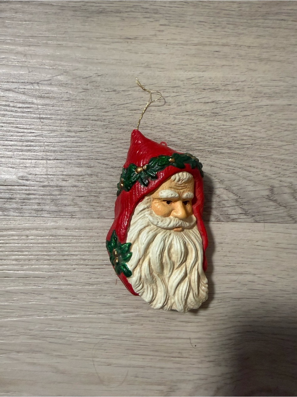 Vintage Santa Claus Face Hanging Christmas Ornament Red Hood Green Holly Garland